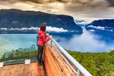 Fiyort manzarayı Stegastein bakış açısı Norveç üzerinde turist