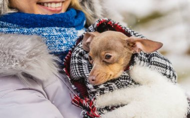 Küçük köpeğini kışın ısınma kadın kucaklama
