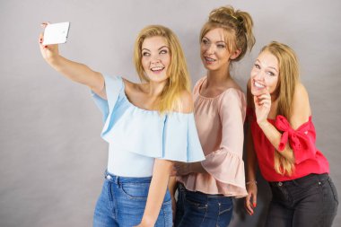 Moda kadınları, akıllı telefon kullanarak kendi resimlerini çekiyorlar. Arkadaşlık zamanlarının tadını çıkarıyorlar..