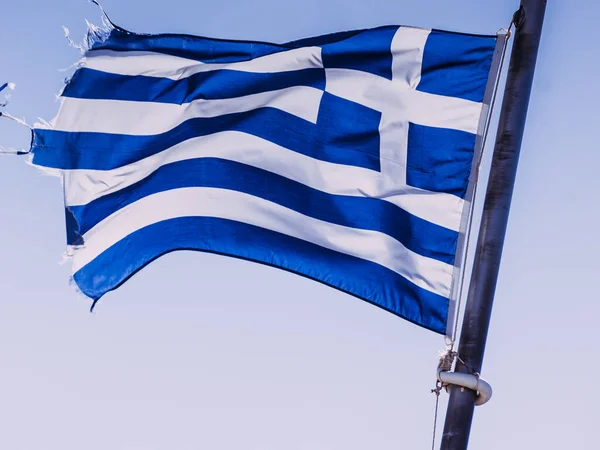 Close Blue Nad White Greek Flag Waving Wind National Landmark — Stock Photo, Image