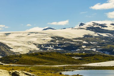 Yazın karlı zirveler ve buzullarla kaplı dağ manzarası. Lom ve Gaupne, Norveç arasında 55 Sognefjellet turistik güzergahı.