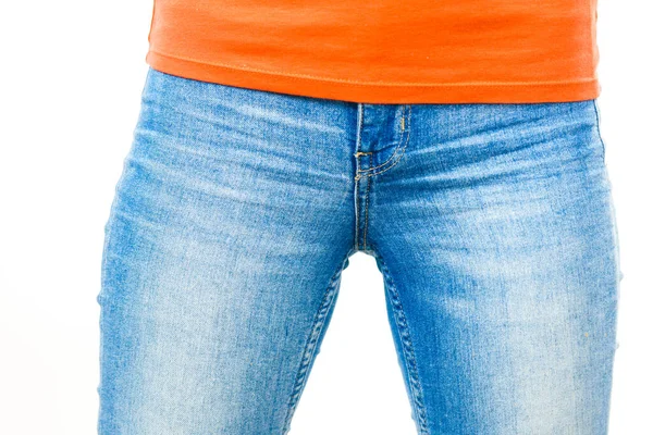 Female Hips Wearing Blue Tight Slim Jeans White Clothing Fashion — Stock Photo, Image