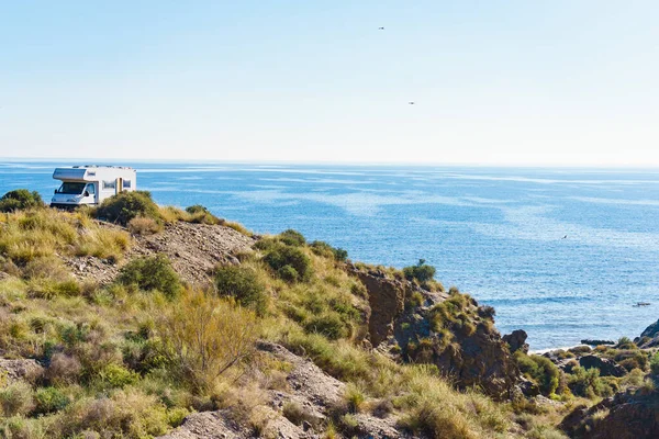 Camper Car Camping Cliff Cabezo Negro Beach Spanish Landscape Almeria — Stock Photo, Image