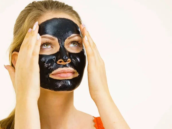 Young Woman Carbo Detox Black Peel Mask Her Face White — Stock Photo, Image