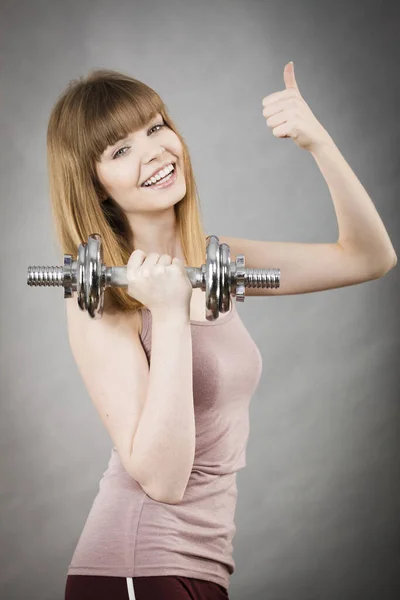 Young Woman Working Out Home Heavy Dumbbells Training Home Being — Stock Photo, Image