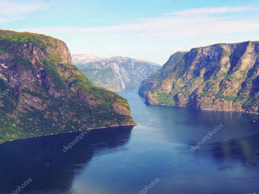Aurlandsfjord fjord landscape, Norway Scandinavia. National tourist route Aurlandsfjellet.
