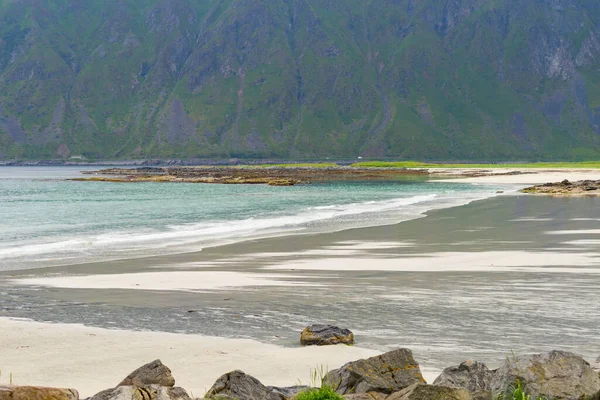 Mořské Pobřeží Ramberg Beach Flakstadoy Nordland County Lofoten Norsko — Stock fotografie