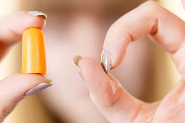 Woman Holding Protective Ear Plugs Getting Rid Noise Loud Place — Stock Photo, Image