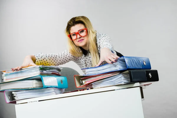 Happy Business Woman Feeling Energetic Sitting Working Desk Full Documents — Stock Photo, Image