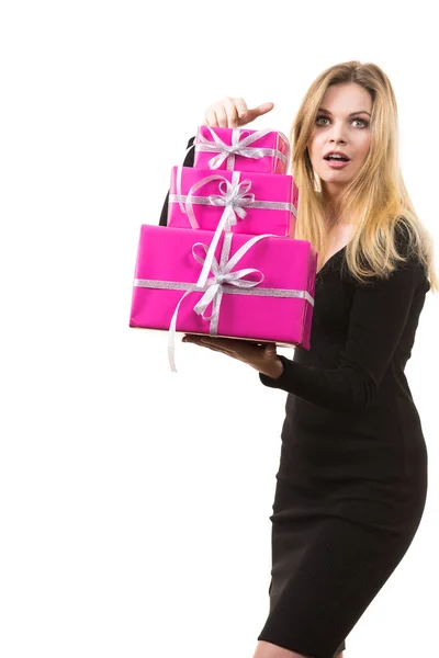 Celebration Giving Concept Blonde Young Woman Pink Gift Boxes Hands — Stock Photo, Image