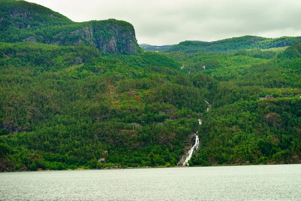 Norwegian Landscape Green Mountains Hills Waterfall River Flows Fjord Saudafjord — Stock Photo, Image