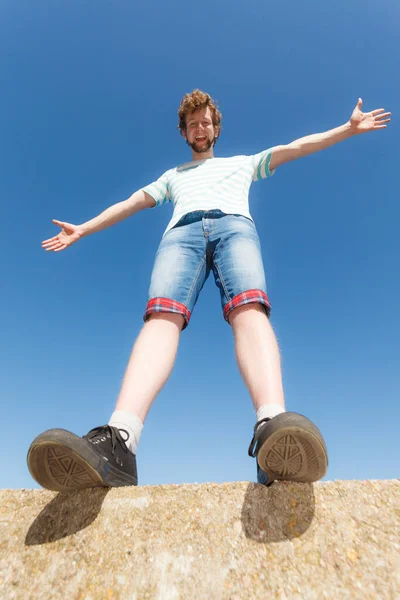 Happy Young Man Arms Having Fun Outdoor Blue Sky Wide — Stock Photo, Image