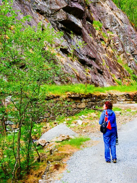 Turist Kvinde Med Norsk Flag Kamera Walking Trug Bjerge Sti - Stock-foto