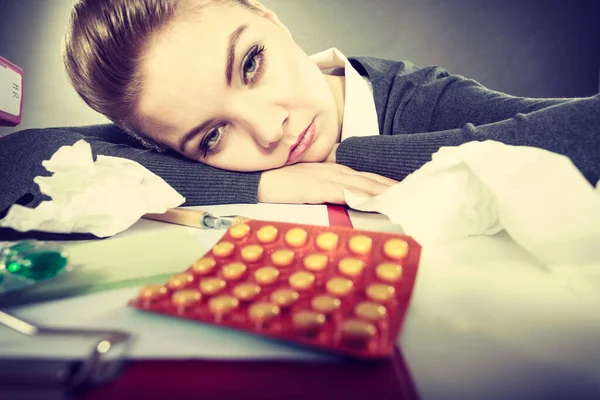 Conceito Saúde Trabalho Empresarial Cansado Excesso Trabalho Jovem Empresária Gerente — Fotografia de Stock