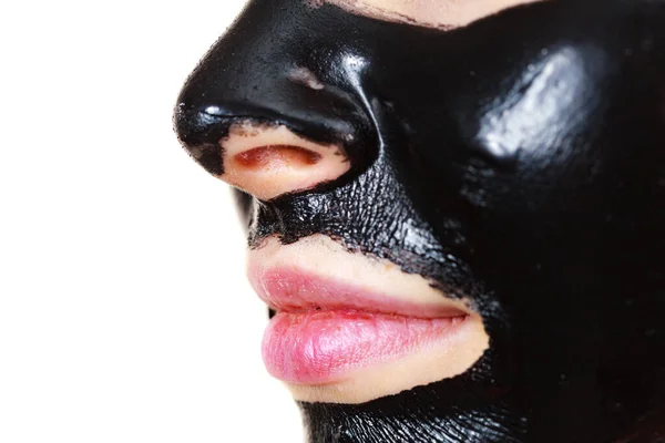 Jeune Femme Avec Masque Amovible Noir Carbo Detox Sur Son — Photo