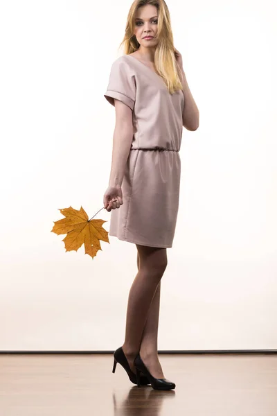 Fashionable Autumn Long Hair Blonde Girl Wearing Beige Dress High — Stock Photo, Image