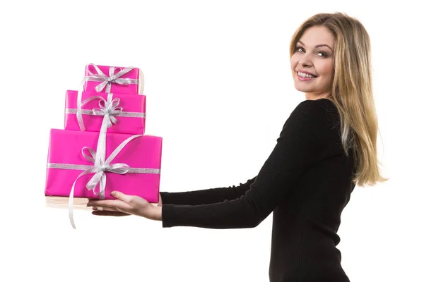 Pessoas Celebrando Xmas Amor Conceito Felicidade Menina Loira Alegre Segurando — Fotografia de Stock