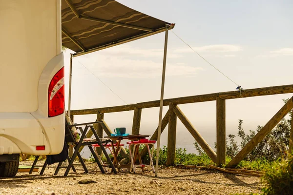 Camper Vehicle Roll Out Awning Tourist Table Chairs Spanish Sea — Stock Photo, Image