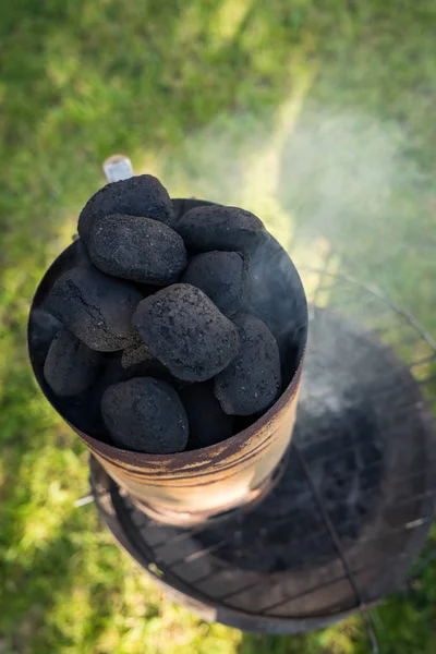 Grill garden party with sausages and meat on hot briquette