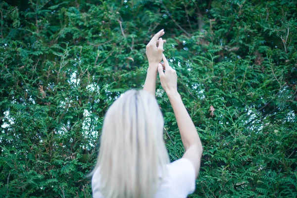 Jovens braços erguidos para o céu, celebrando a liberdade. Emoções humanas positivas sentindo sucesso na percepção da vida, conceito de paz de espírito. Menina feliz livre na floresta de verão apreciando a natureza . — Fotografia de Stock