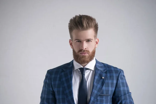 Élégant beau barbu homme d'affaires regardant caméra isolé sur gris — Photo