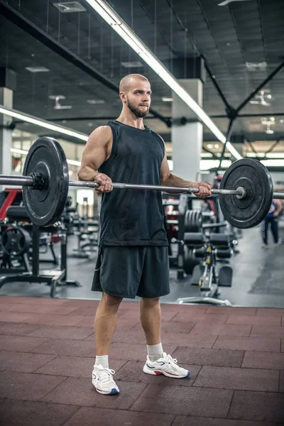Handsome strong bald athletic fitness men pumping up arm muscles workout barbell curl fitness concept background - muscular bodybuilder men doing bodybuilding biceps exercises in gym.