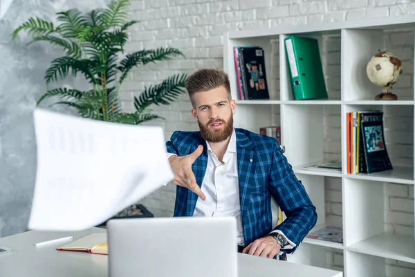 stock image business, people, stress, emotions and fail concept - angry businessman throwing papers in office