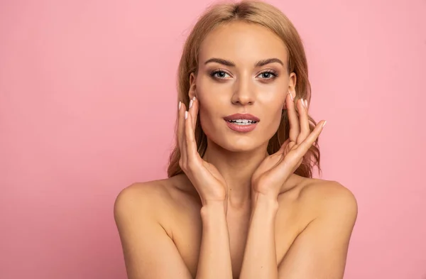 Beautiful Sensual Topless Woman Long Blonde Hair Posing Isolated Pink — Stock Photo, Image