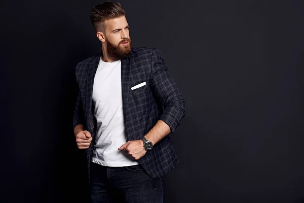 Handsome Man Perfect Hairdo Beard Looking Away While Standing Black — Stock Photo, Image