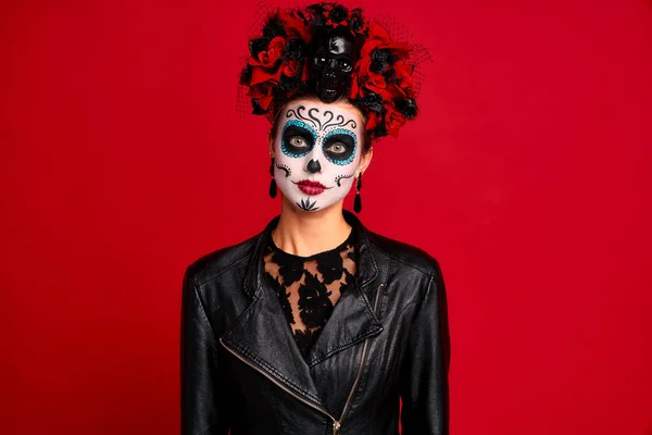 Enge Jonge Griezelige Dame Calavera Draagt Artistieke Make Voor Het — Stockfoto