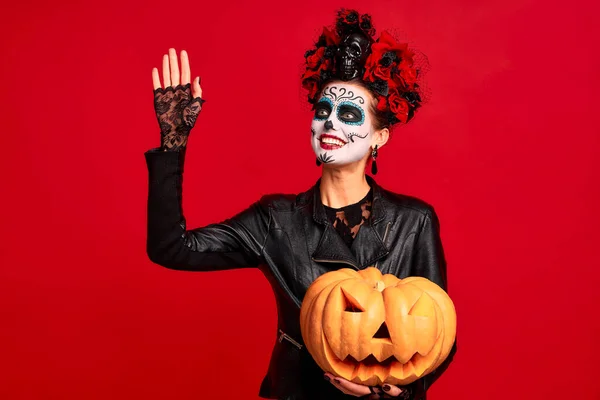 Halloweenfeest Meisje Gelukkig Meisje Met Suiker Schedel Make Met Een — Stockfoto