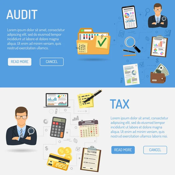 Audit, daně proces, účetní bannery — Stockový vektor