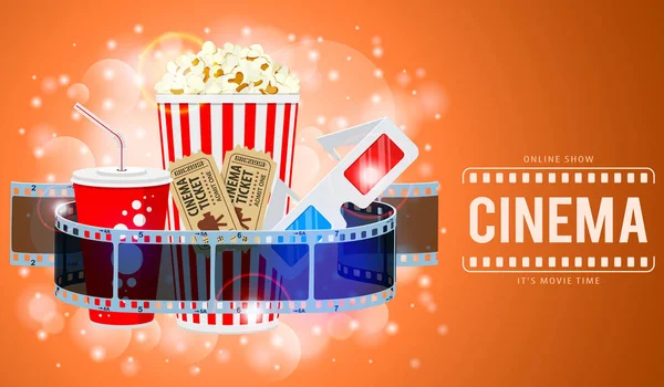 Kino Film Čas Banner Ploché Ikony Transparentní Film Popcorn Pití — Stockový vektor
