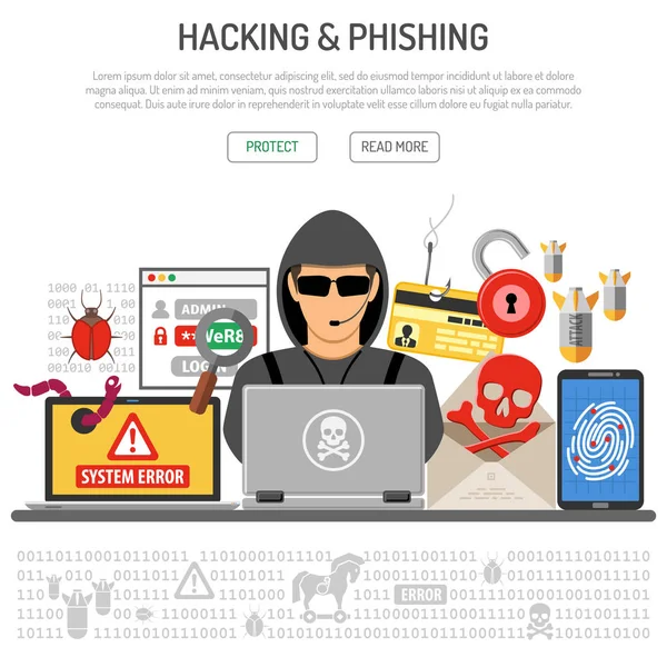 Έγκλημα στον κυβερνοχώρο, Hacking και Phishing έννοια — Διανυσματικό Αρχείο