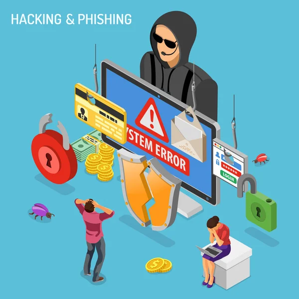 Hacker Phishing Activity Concepto isométrico — Archivo Imágenes Vectoriales