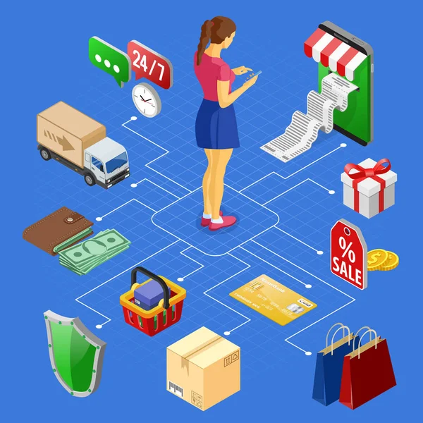 Compras por Internet Pagos en línea Concepto isométrico — Archivo Imágenes Vectoriales