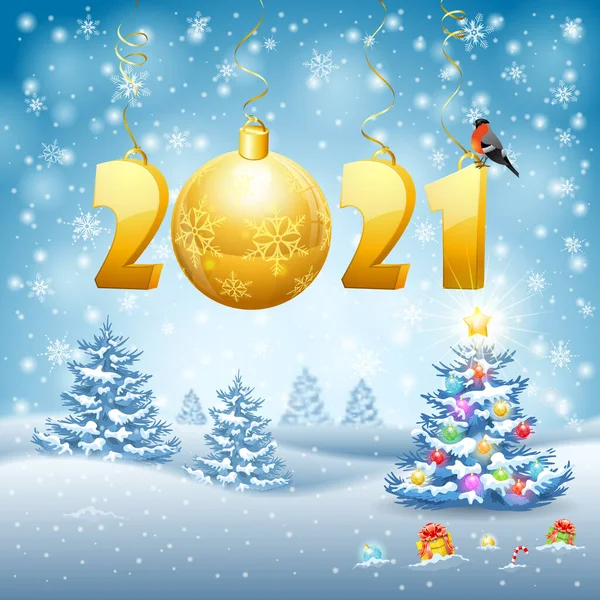 Natal Ano Novo Fundo Com Estilizado 2021 Floco Neve Bullfinch — Vetor de Stock