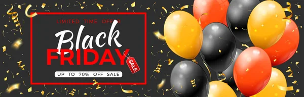 Bannière Black Friday Sale Avec Brillant Ballons Rouges Noirs Confettis Illustrations De Stock Libres De Droits