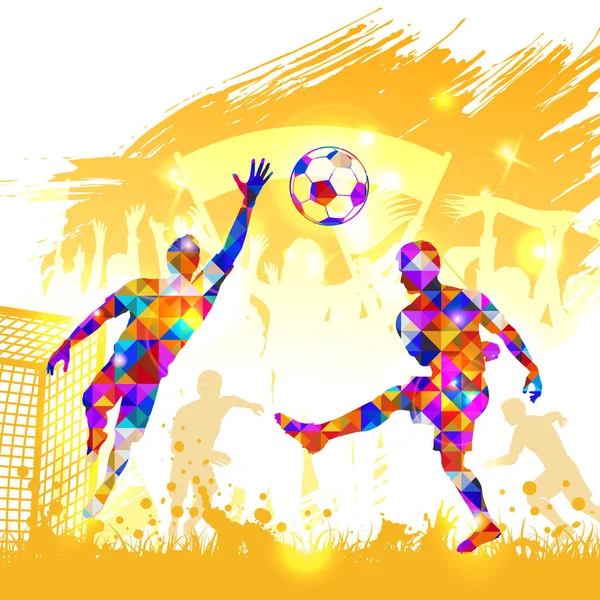 Poster Silueti Futbolcu Zafer Darbesi Kaleci Futbol Topu Mozaik Üçgen — Stok Vektör