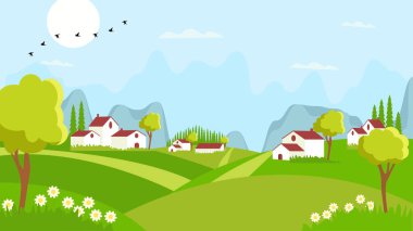 vektör manzarası, yaz köyü, çiçekli yeşil çayır, çiftlik evleri, dağlı yeşil tepeler, ilkbahar tarlalarının panoramik manzarası,