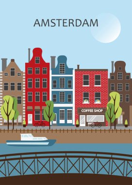 Amsterdam sokak vektör illüstrasyon posteri, köprü, evler, kanal