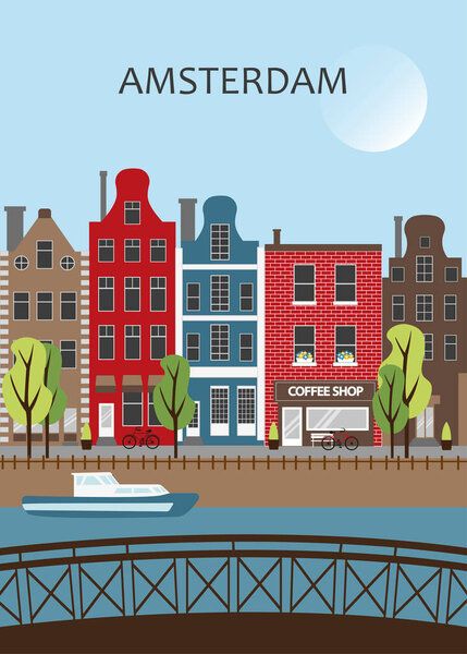 Amsterdam street vector illustration poster, bridge, houses, canal