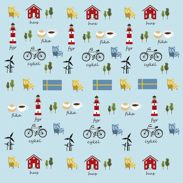 İsveç sembolleri vektör, kırmızı ev, İsveç bayrağı, kırmızı fener, sandalye, bisiklet, kahve