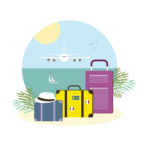 Vacation Concetto Logo Viaggio Disegno Piatto Vettoriale Illustrazione Vacanza Borse — Vettoriale Stock