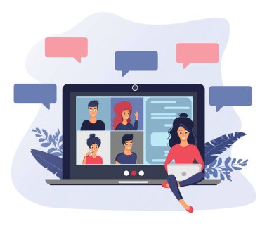 Video konferansı. Bilgisayar ekranındaki insanlar meslektaşlarıyla birlikte....