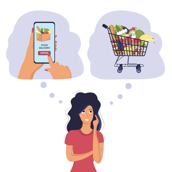 Yemek teslimatı, akıllı telefondan internetten bakkal siparişi. Alışveriş arabası, yiyecek kutusu, süpermarket.