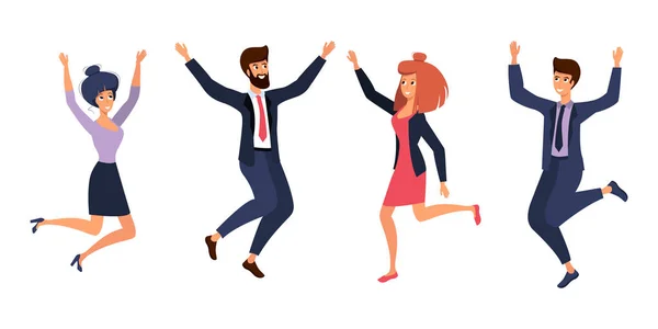 İş adamları beyaz bir arkaplanda zafer atlayışını kutluyorlar.