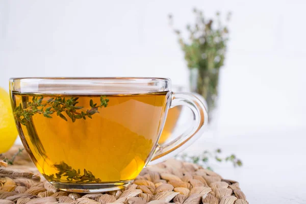 Winter Drink Warming Hot Tea Lemon Ginger Herbs Thyme Copy — Stock Photo, Image