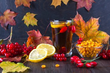 Sonbahar sağlıklı içecek konsepti. Çay ile sonbahar çilek deniz topalak, kartopu, Kuşburnu, rowan ve güz yaprakları. C vitamini ile iç