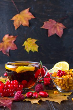 Sonbahar sağlıklı içecek konsepti. Çay ile sonbahar çilek deniz topalak, kartopu, Kuşburnu, rowan ve güz yaprakları. C vitamini ile iç